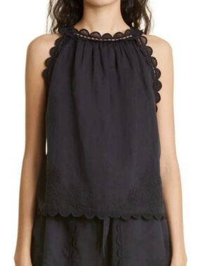 Ulla Johnson “June” Noir Black Tank Top Embroidered Lace Linen Cotton - Size 10